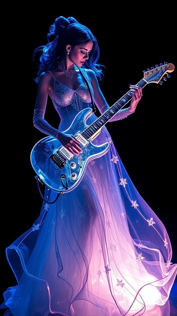 Ethereal Goddess Plays Glowing Electric Guitar in Crystal Ca...