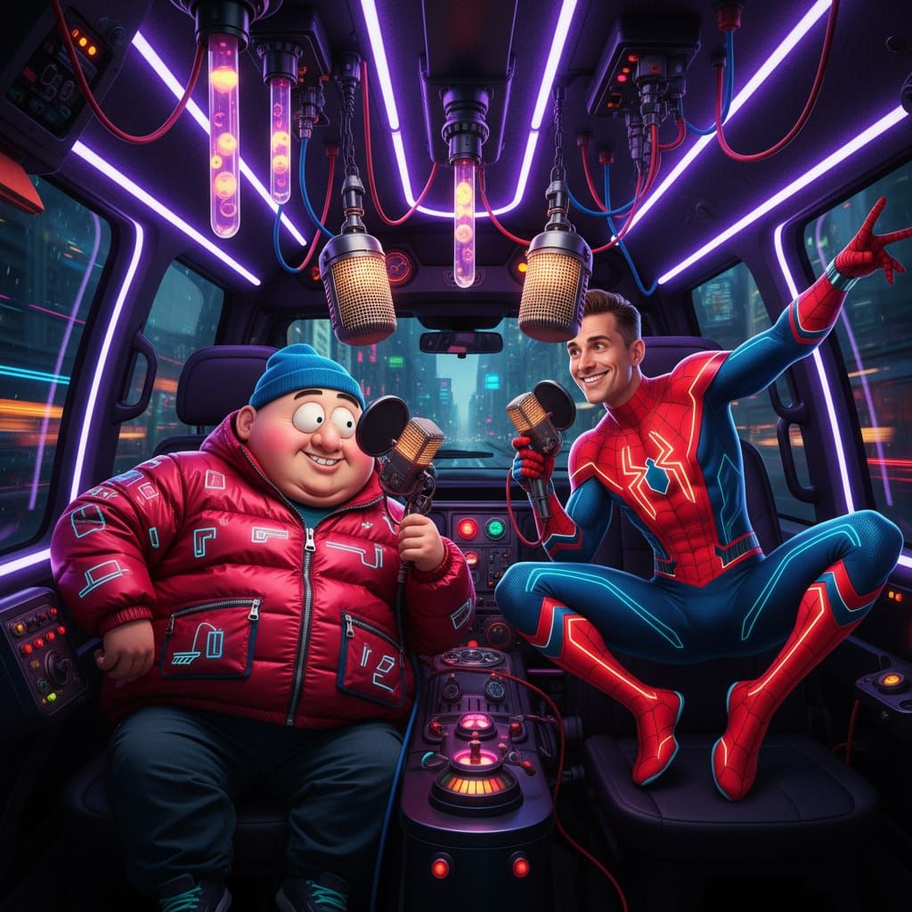 Futuristic Podcast in Uber with Exaggerated Characters