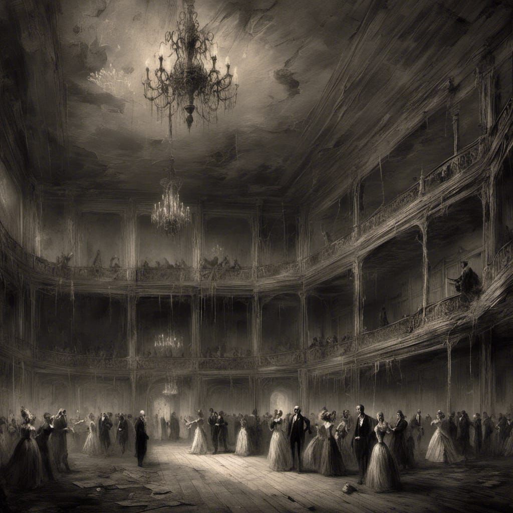 Haunted Ballroom with Dancing Ghosts in Macabre Style