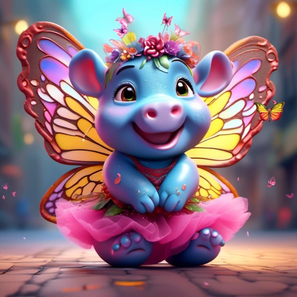 Hippo in Tutu with Butterfly Wings as 3D Art
