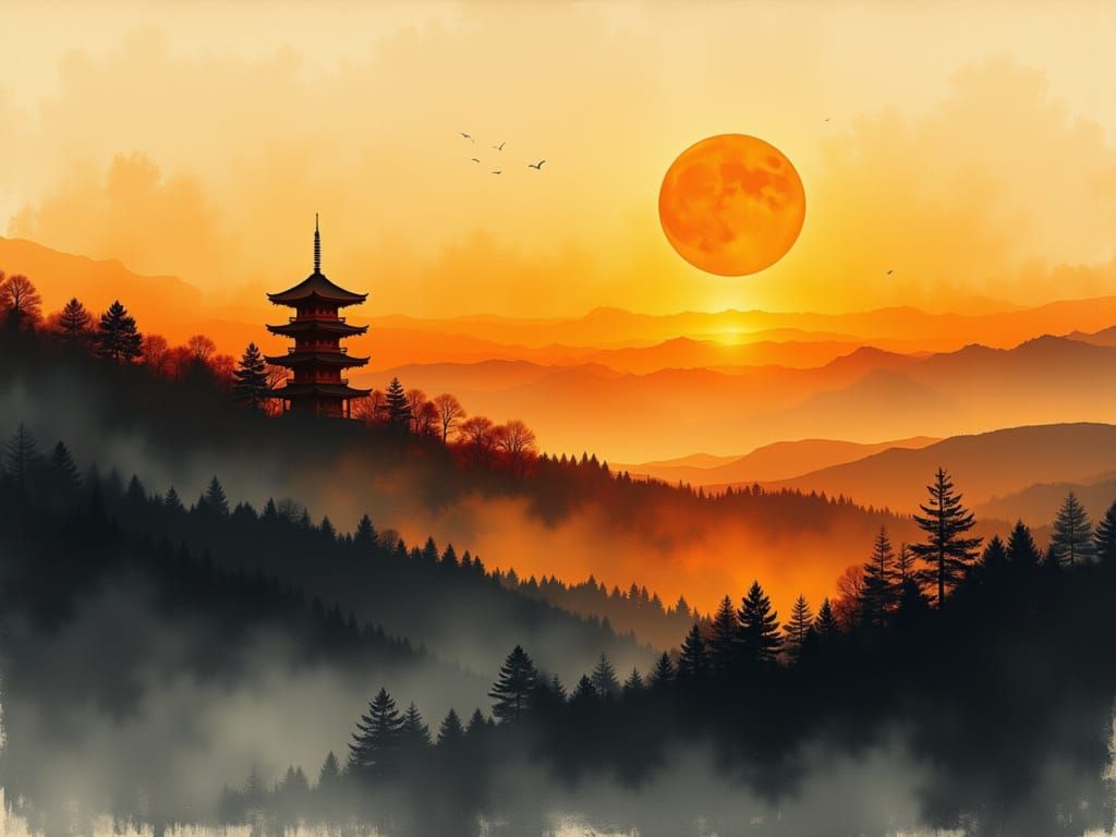 Pagoda at Sunset in Japanese Ink and Watercolor Style