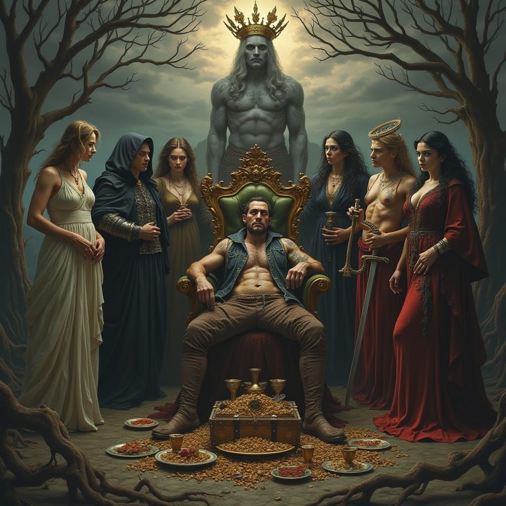 Regal Figures of the Seven Deadly Sins in Dark, Eerie Landsc...