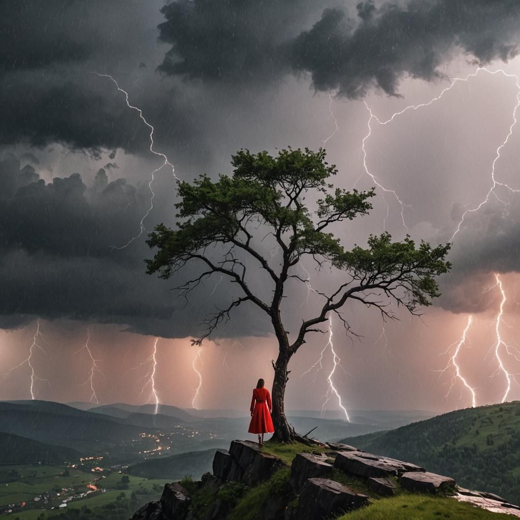 Woman in Red Dress in Thunderstorm