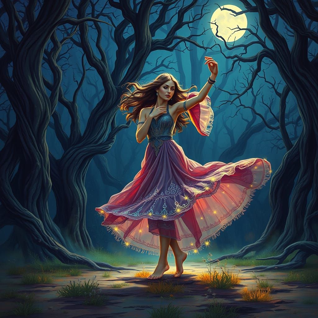 Gypsy Woman Dancing Under Moonlight in Whimsical Art