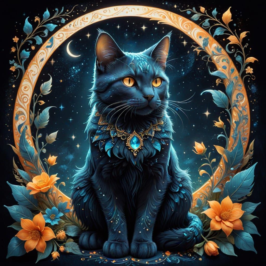 Mystical Cat in Starry Night Digital Art