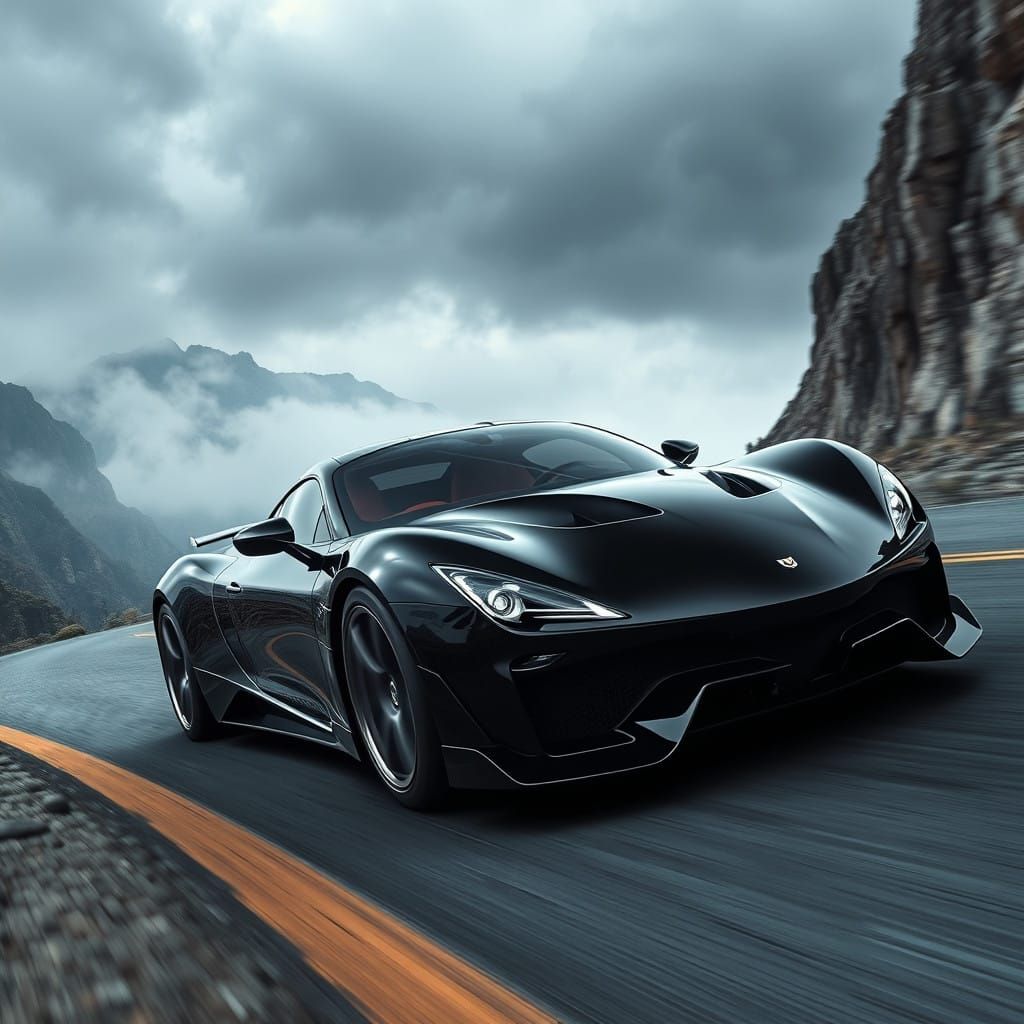 Sleek Sports Car Speeds Through Rocky Mountain Landscape in...