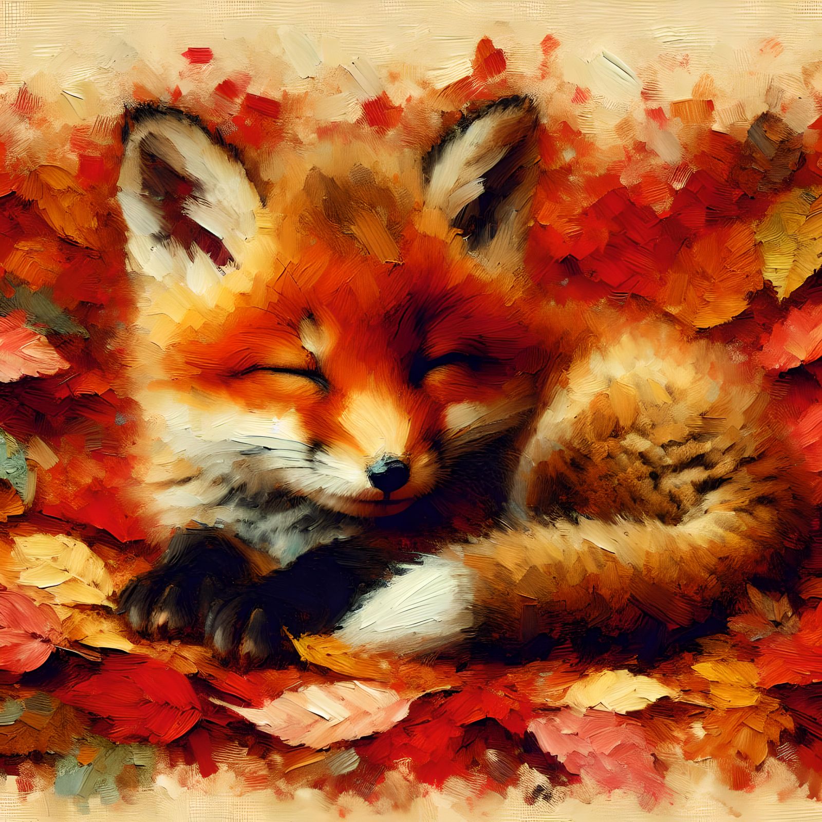 Baby Fox Asleep in Autumn Leaves, Gouache Watercolor