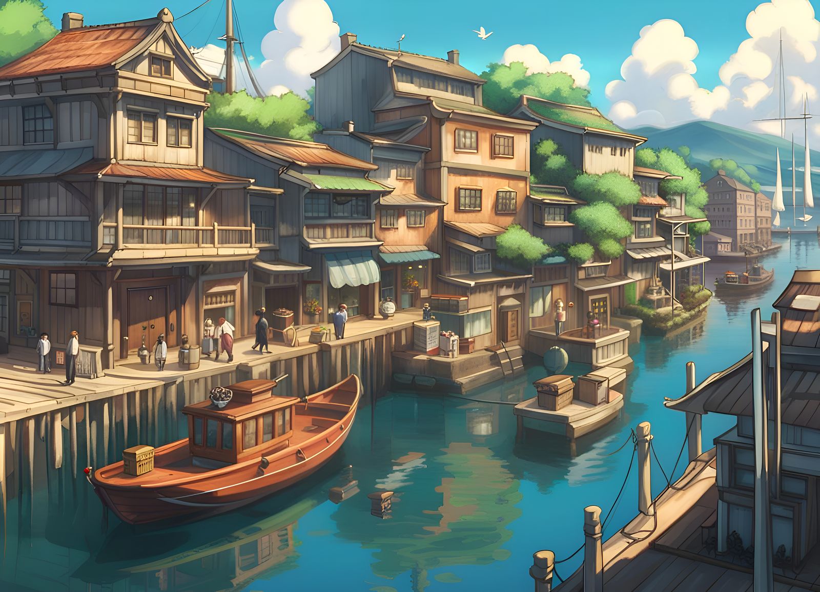 Anime Seaport Scene in Studio Ghibli Style