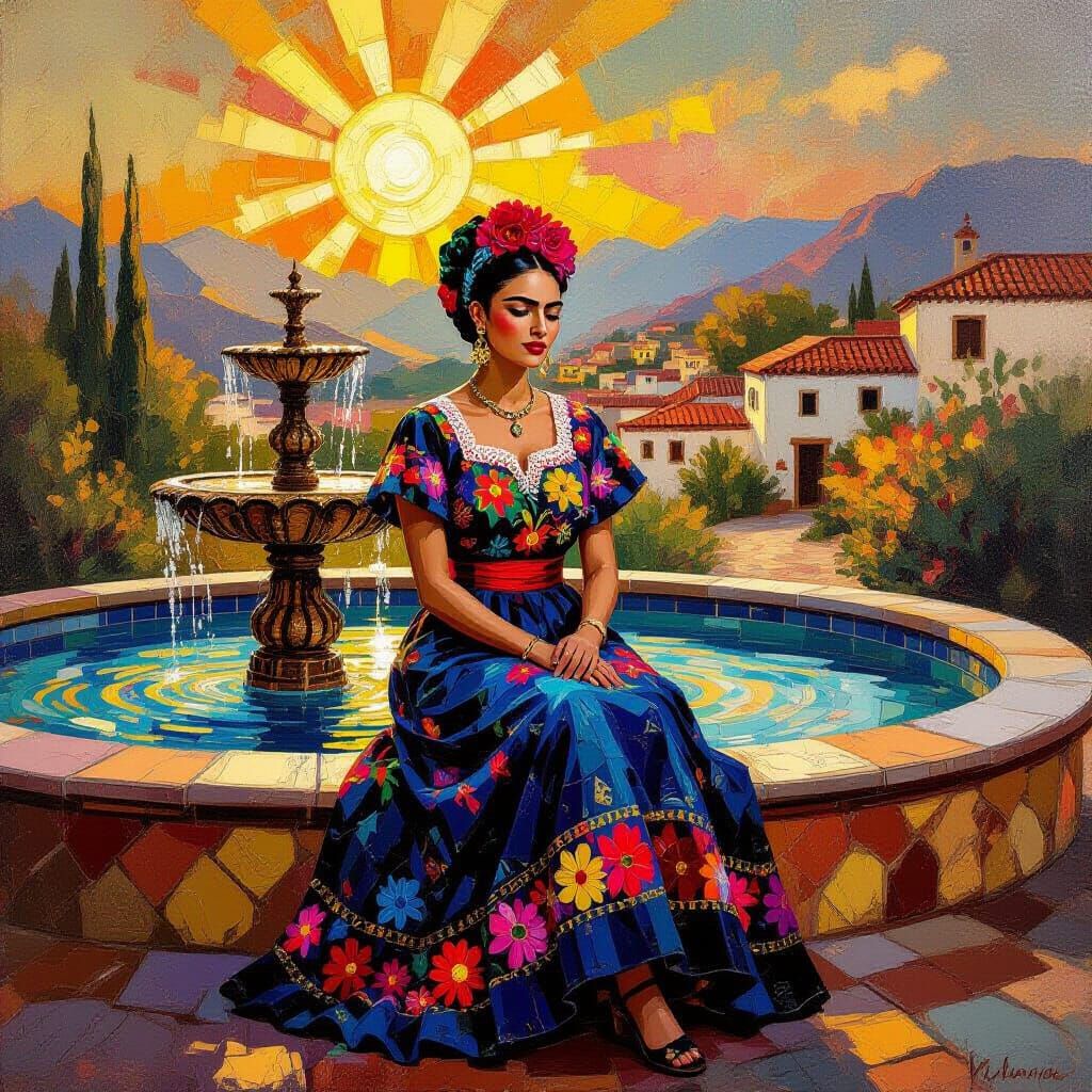 Mexican Woman on Fountain in Neo-Expressionist Style