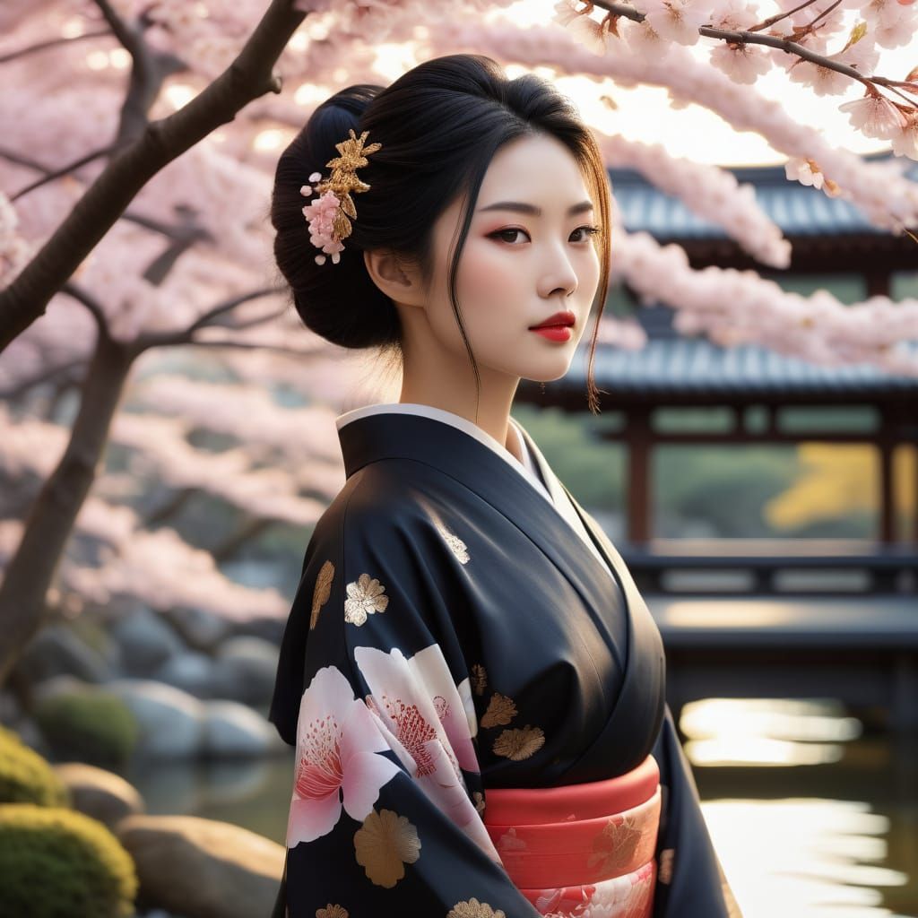 Sensual Japanese Woman in Traditional Kimono, Kyoto Garden a...