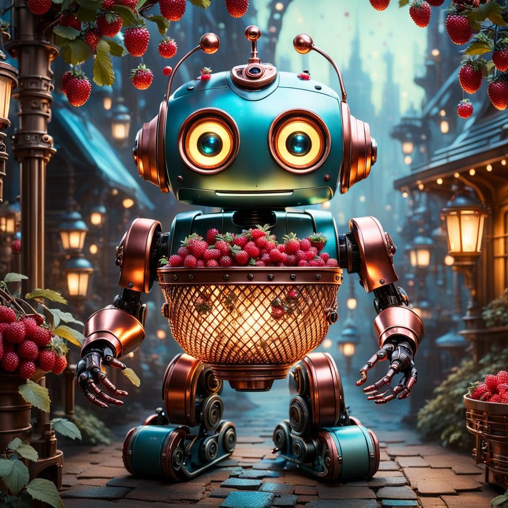 Pixar-Style Baby Robot with Shining Berries
