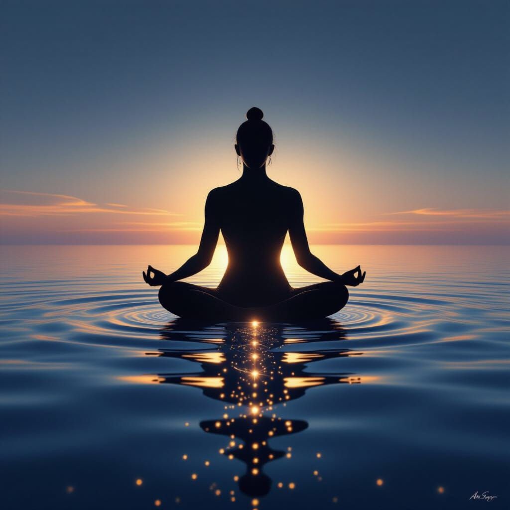 Meditating Figure Above Luminous Ocean in Digital Matte Styl...