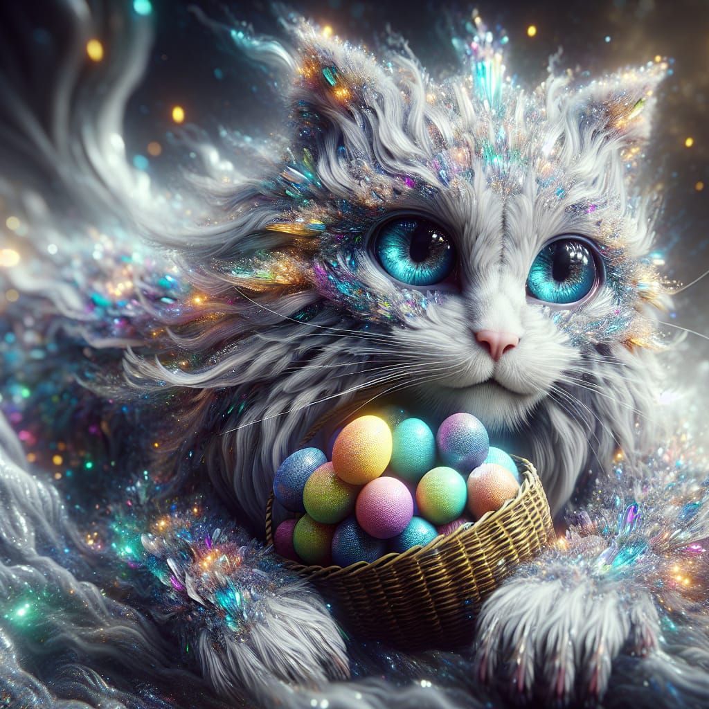Rainbow Crystal Cat Embracing Multicolored Eggs