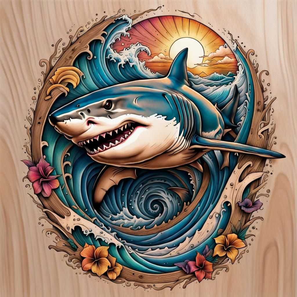 Polynesian Great White Shark Tattoo Engraving