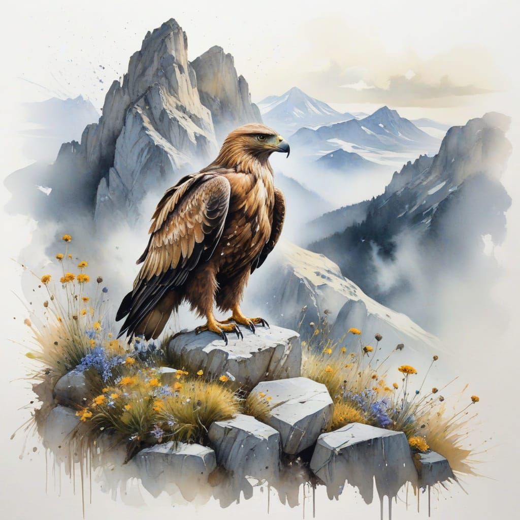 Dreamy Alpine Meadow with Golden Eagle in Ethereal Watercolo...