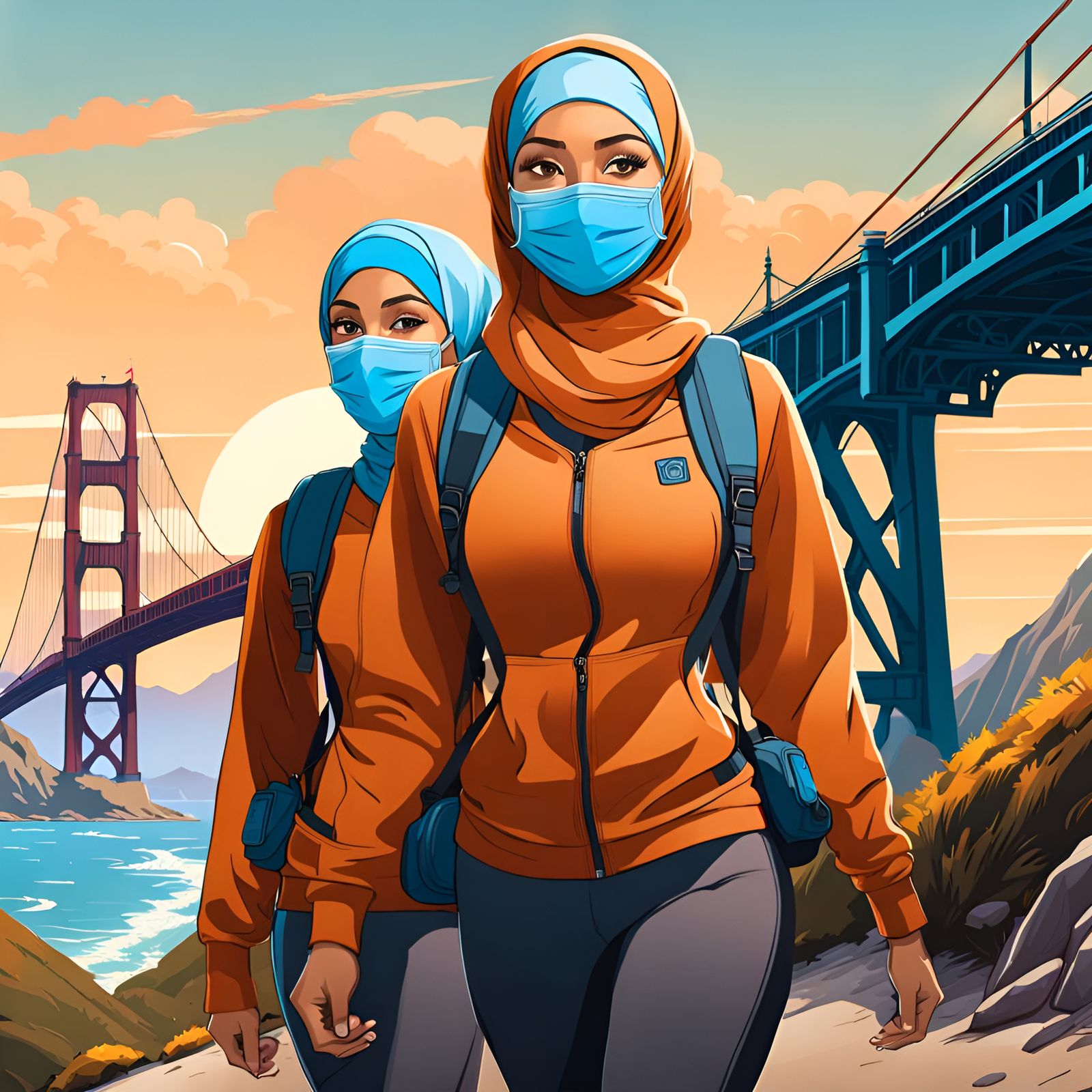 Hijabi Women Hiking in San Francisco, Digital Art