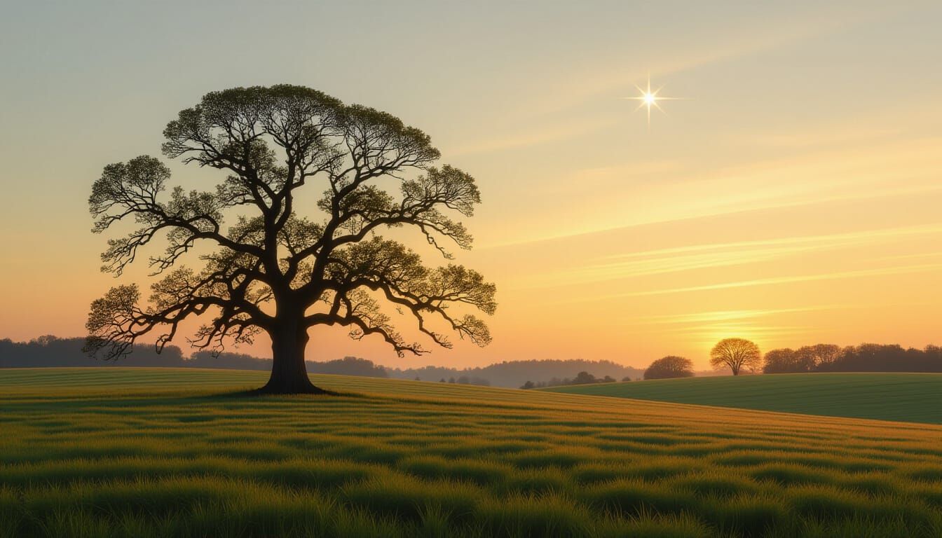 Majestic Oak Tree at Twilight in Romantic Style