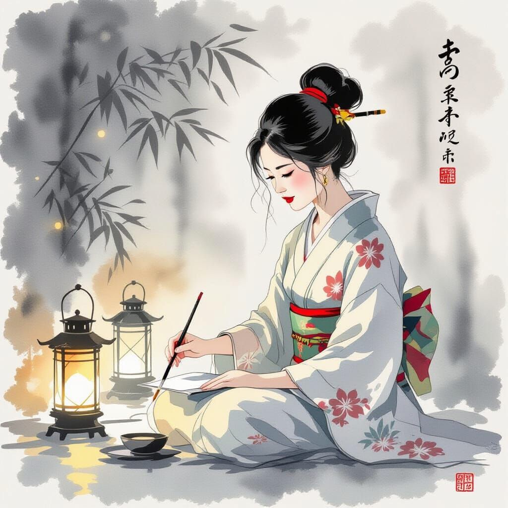 Zen Woman Practicing Sumi-e Art in Ink-Wash Style