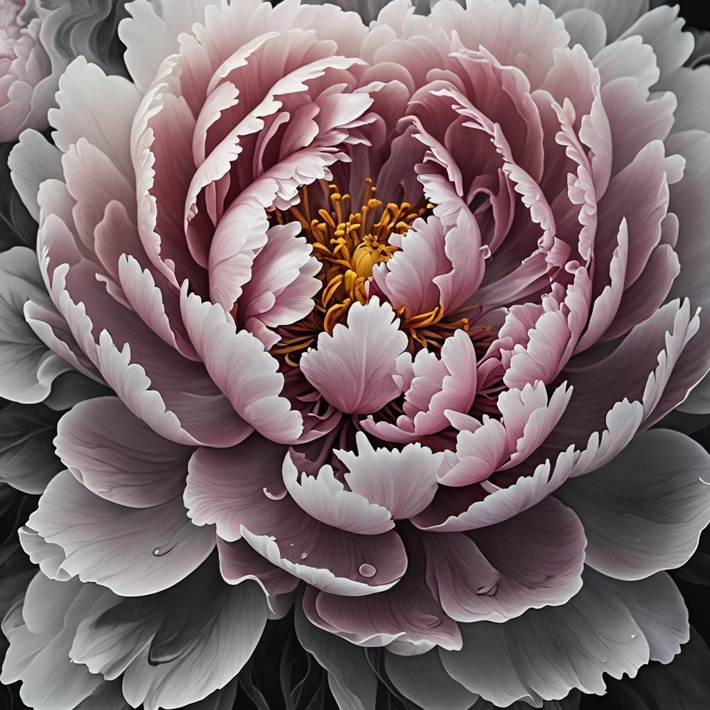 Ethereal Peony Macro in Ink Painting Style