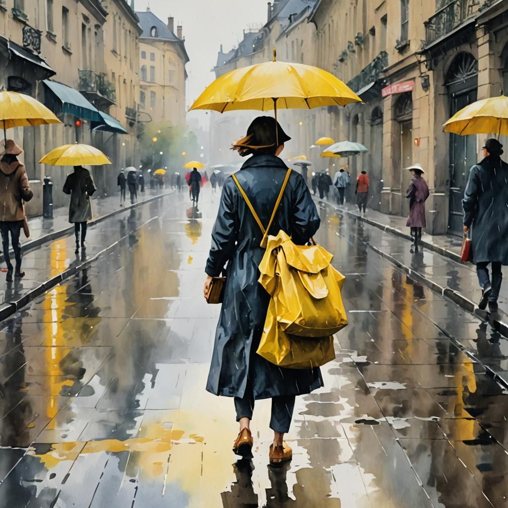 Woman with Umbrella in Rainy Gouache Style