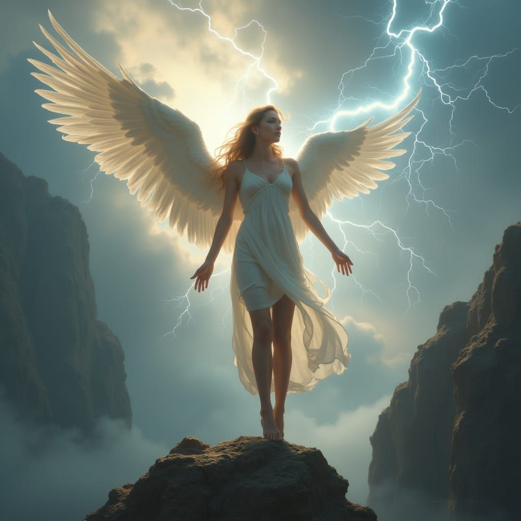 Naked Angel Soaring Over Mountain in Classic Oil Painting