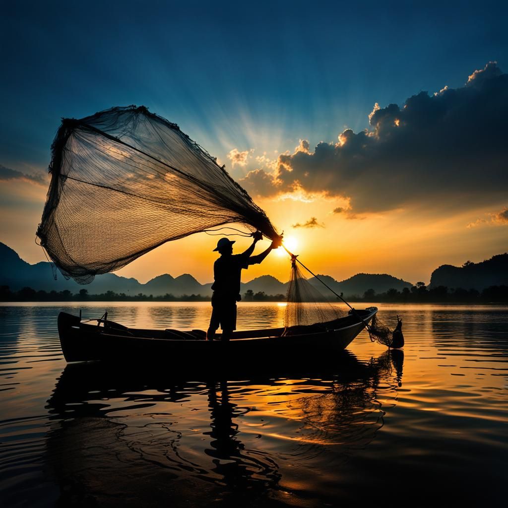 Thai Fisherman Silhouette at Dawn: National Geographic Style