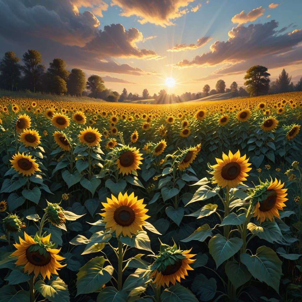 Vibrant Oil Painting Heart of Sunflowers at Golden Hour