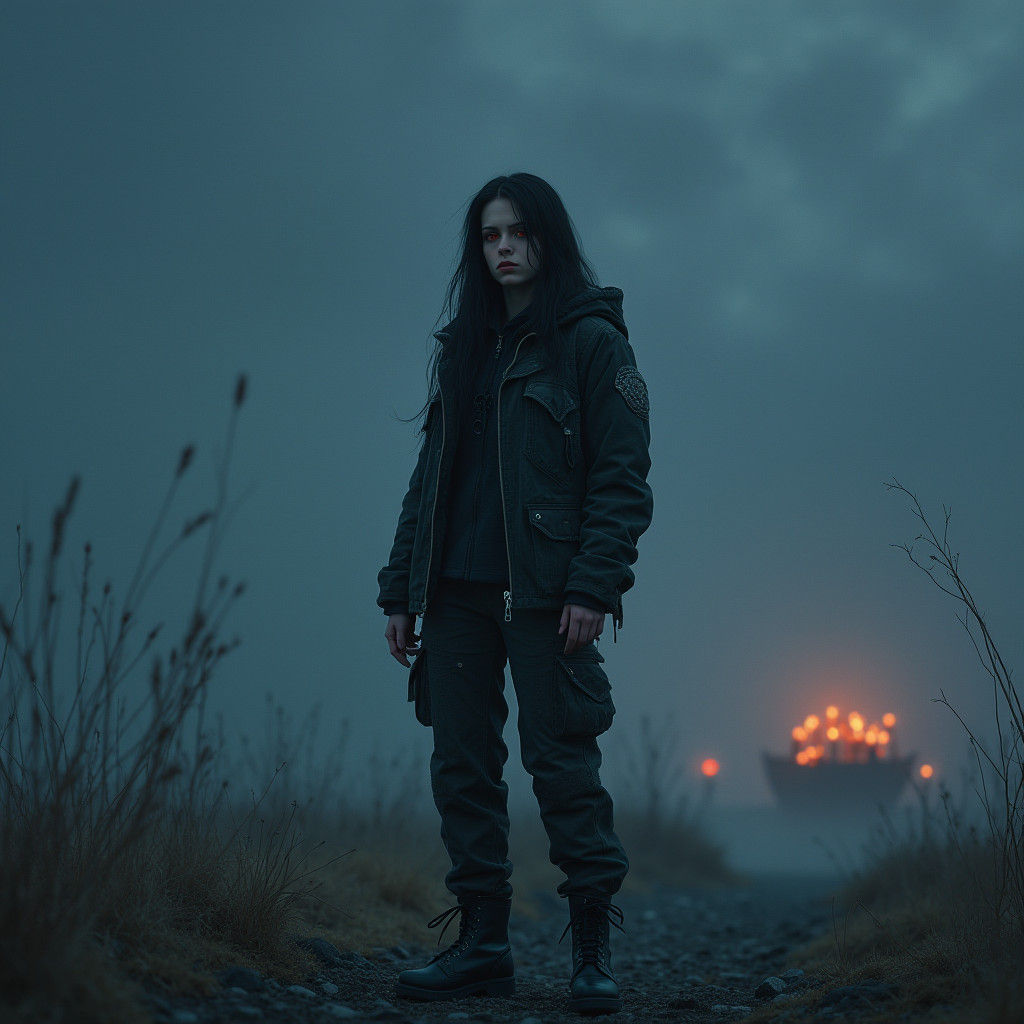 Ethereal Russian Girl in Bleak Landscape, Matte Painting