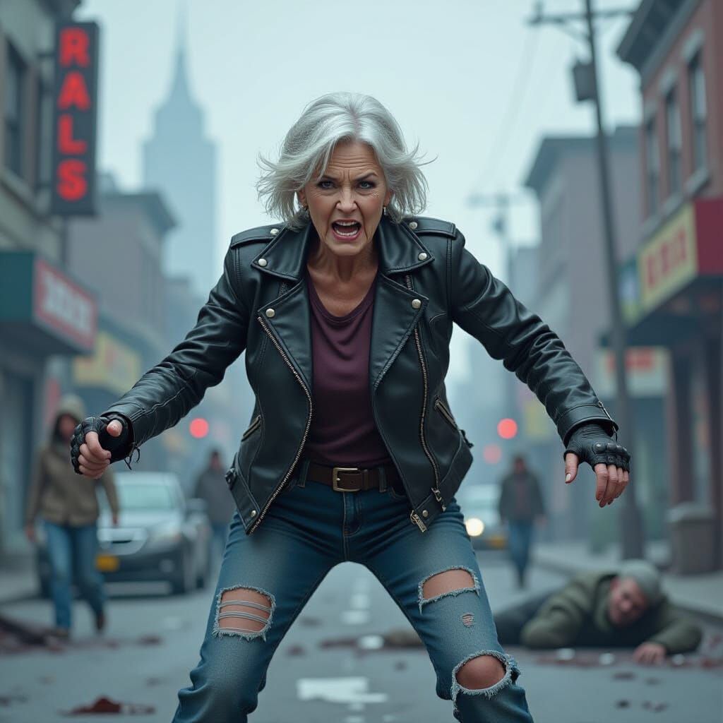 Elderly Woman Fighting Zombies in Ruined Cityscape