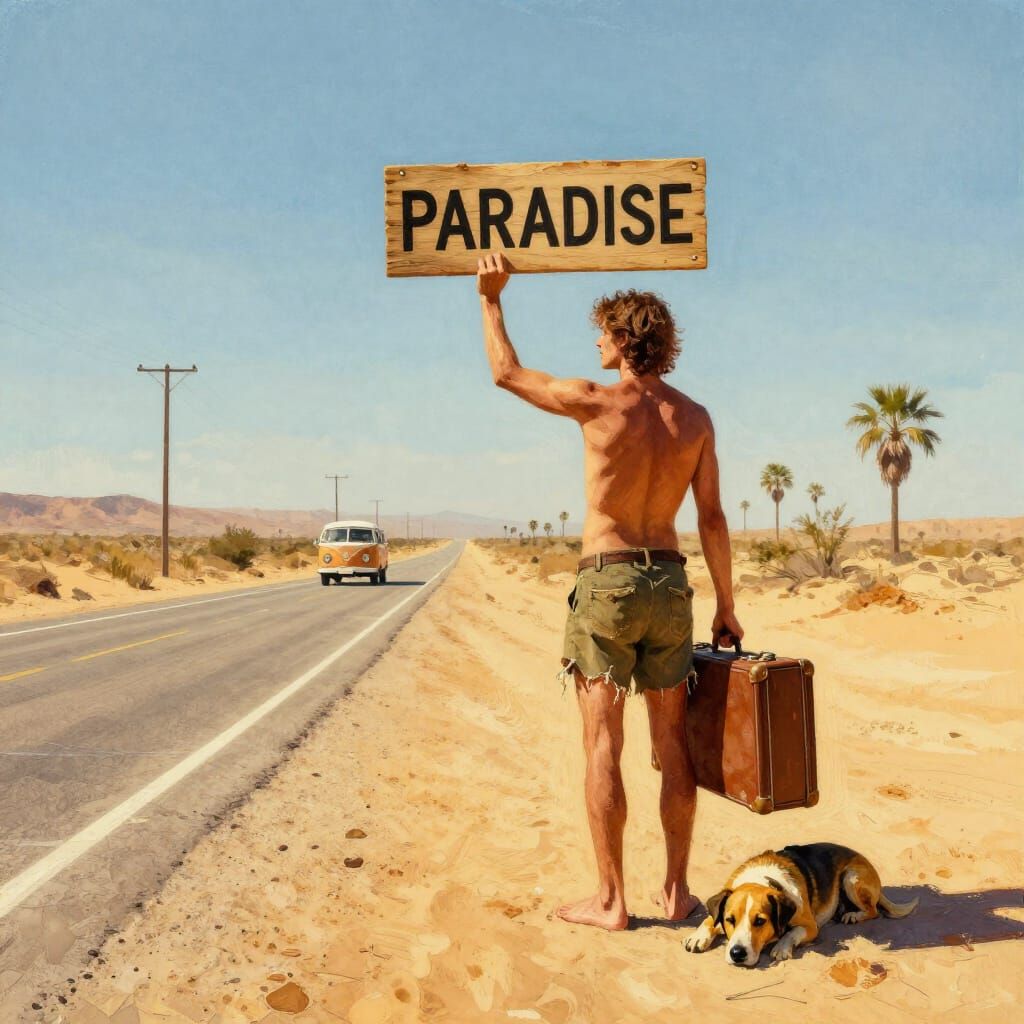 Desert Hitchhiker Seeks Paradise in Golden Hour