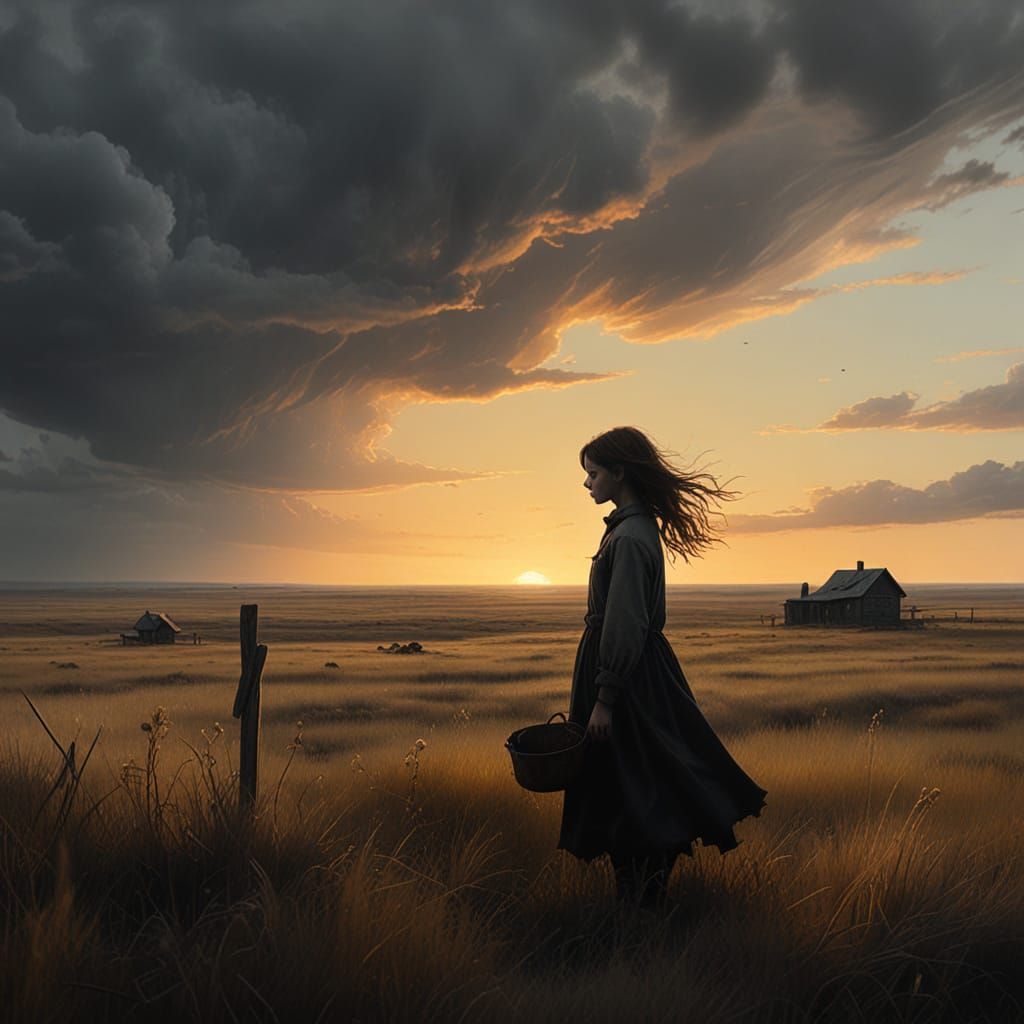 Haunting Oil Painting of Girl on Windswept Prairie