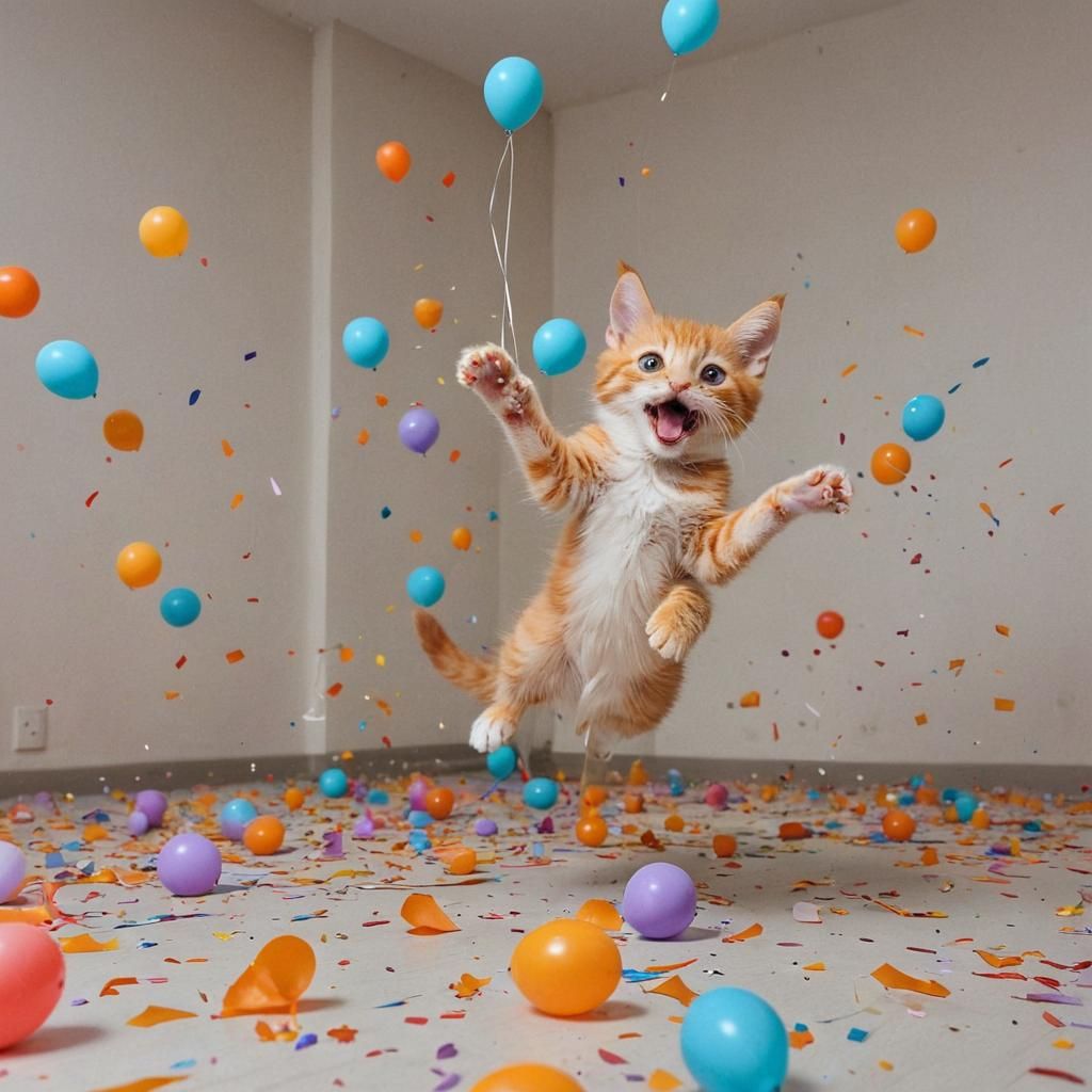 Surprised Kitten Jumping as Balloons Explode