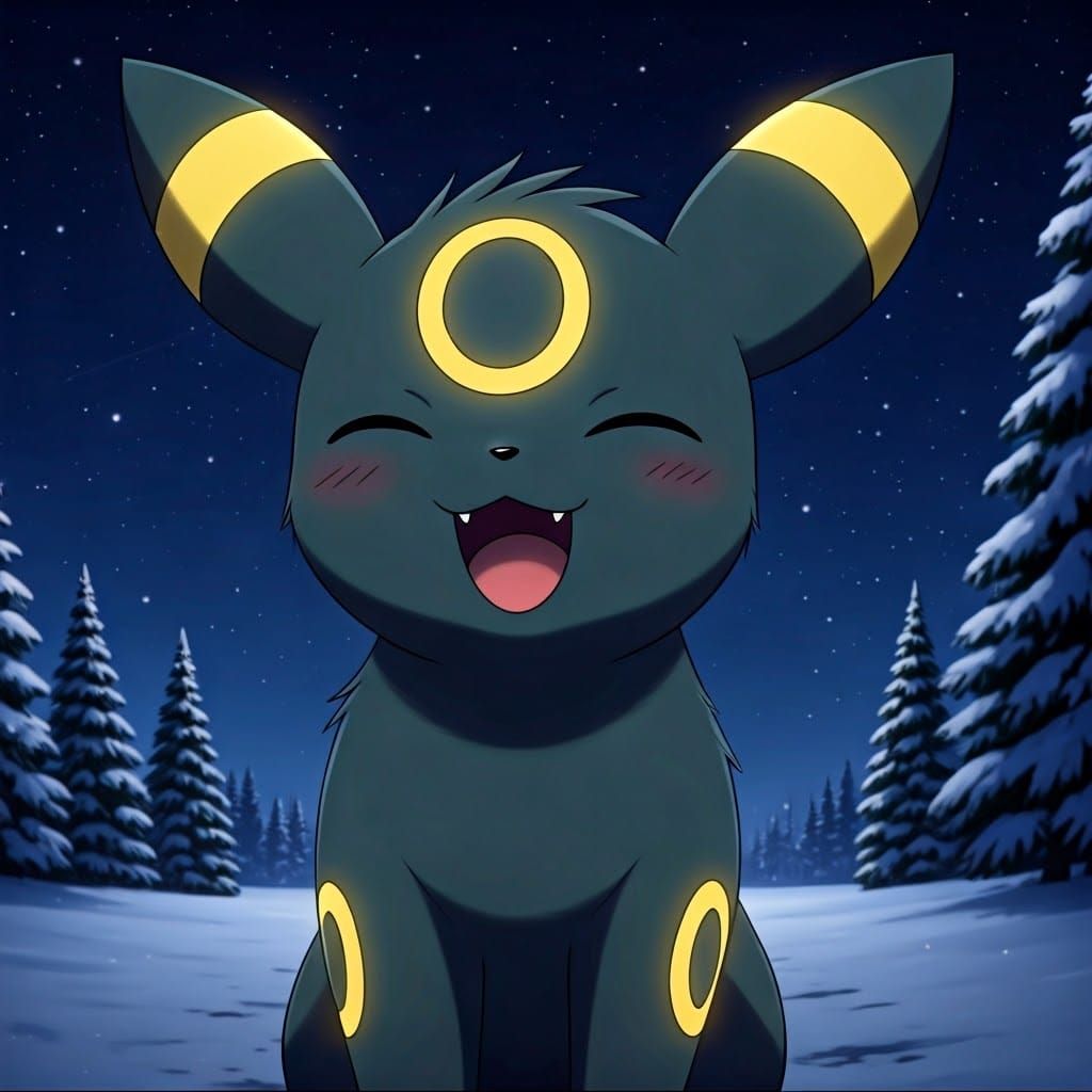 Fluffy Umbreon Yawning in Winter Night: Anime Style