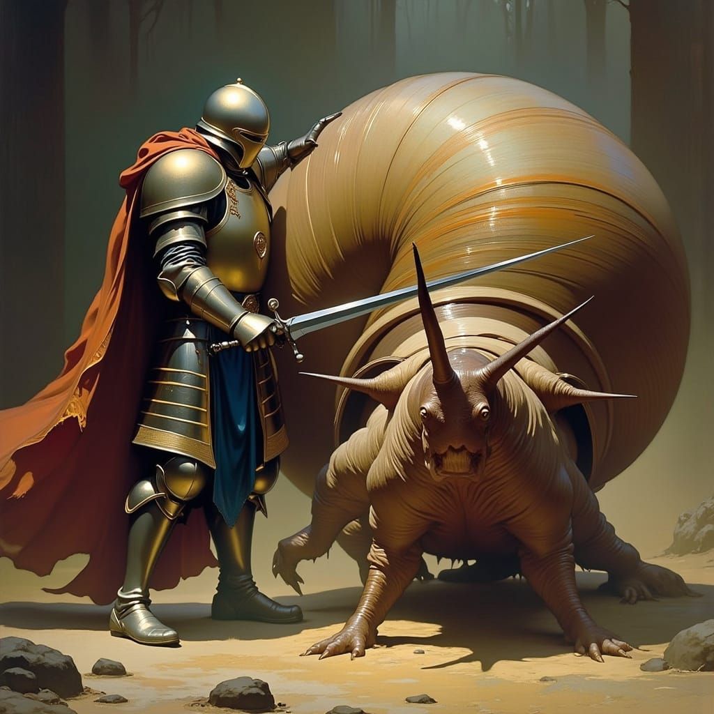 Knight Battles Giant Snail in Rembrandt Style