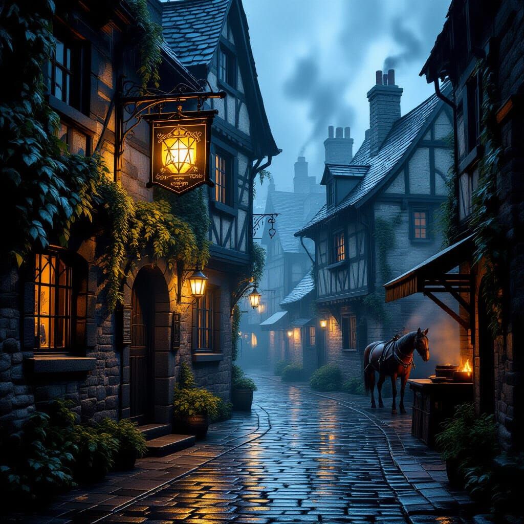 Rainy Medieval Alley with Tavern Light and Fog