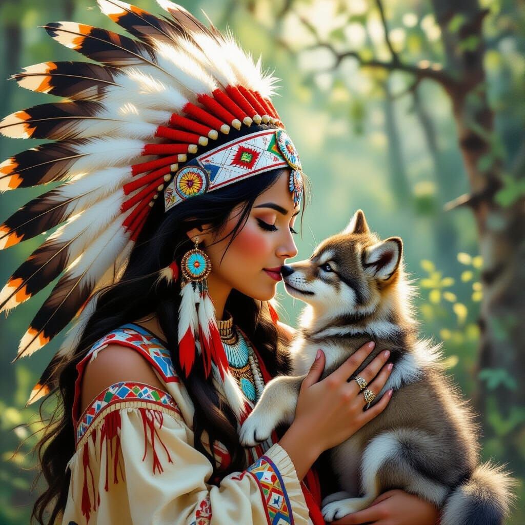 Native Princess and Wolf Pup Bond in Neo-Traditional Art