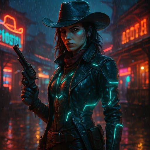 Cyberpunk Assassin in Dystopian Western Settlement