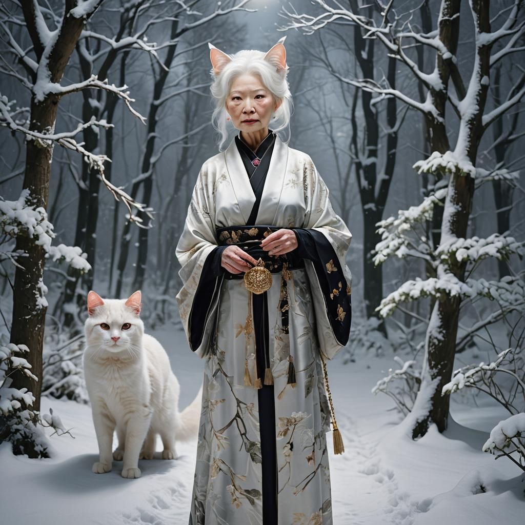 Albino Woman with Cat Features in Snowy Forest