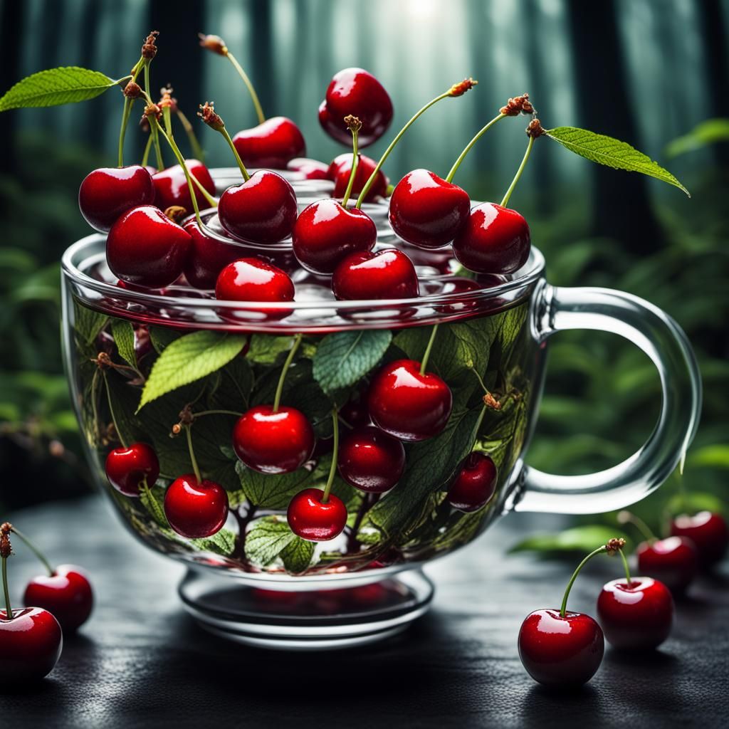 Hyperrealistic Cherry Forest in Glass Teacup