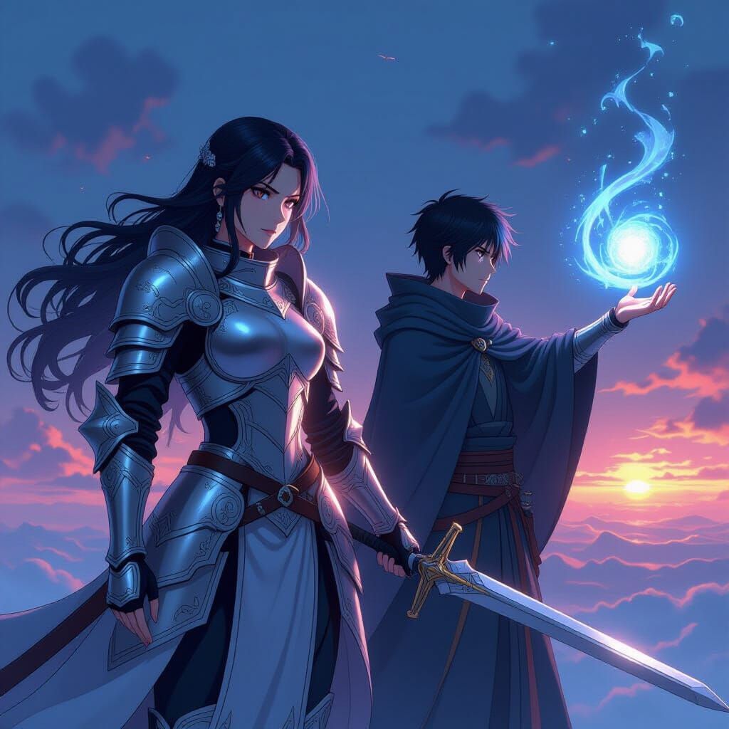 Anime Knight and Mage Duo Facing Epic Horizon