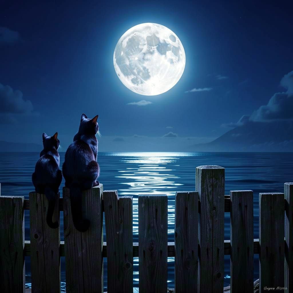 Cats Watch Luminous Moon Over Sea