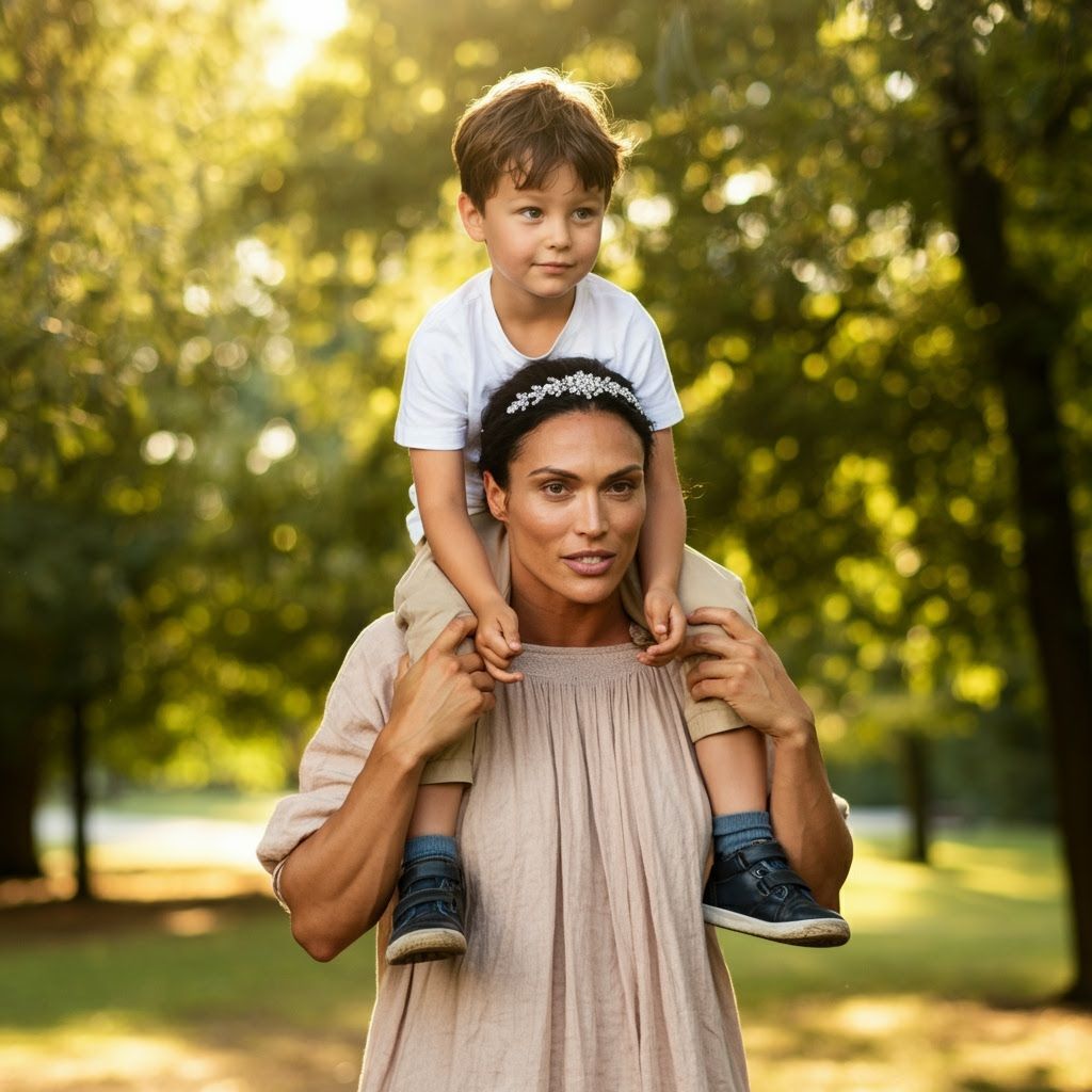 Photorealistic Image of Boy on Woman's Shoulders in Park