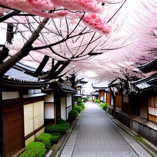 Traditional Japanese Street with Cherry Blossoms