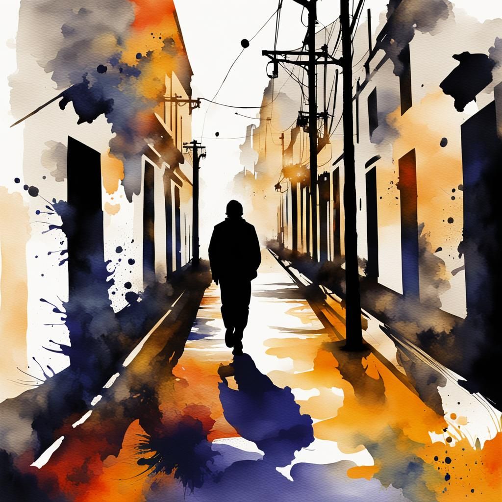 Dark Figure Silhouette in Alleyway: Digital Watercolor
