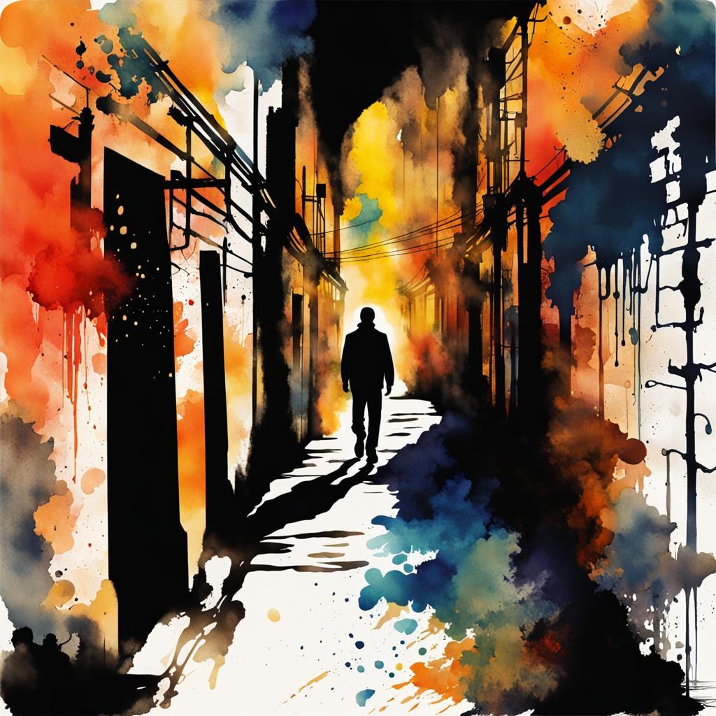 Dark Figure in Alleyway: Digital Watercolor Art
