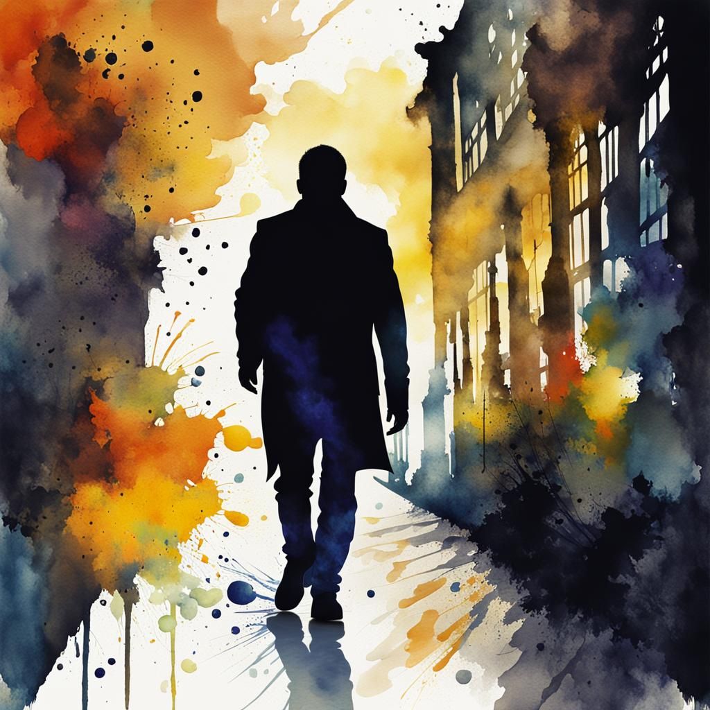 Dark Figure in Alleyway: Digital Watercolor Splash Art