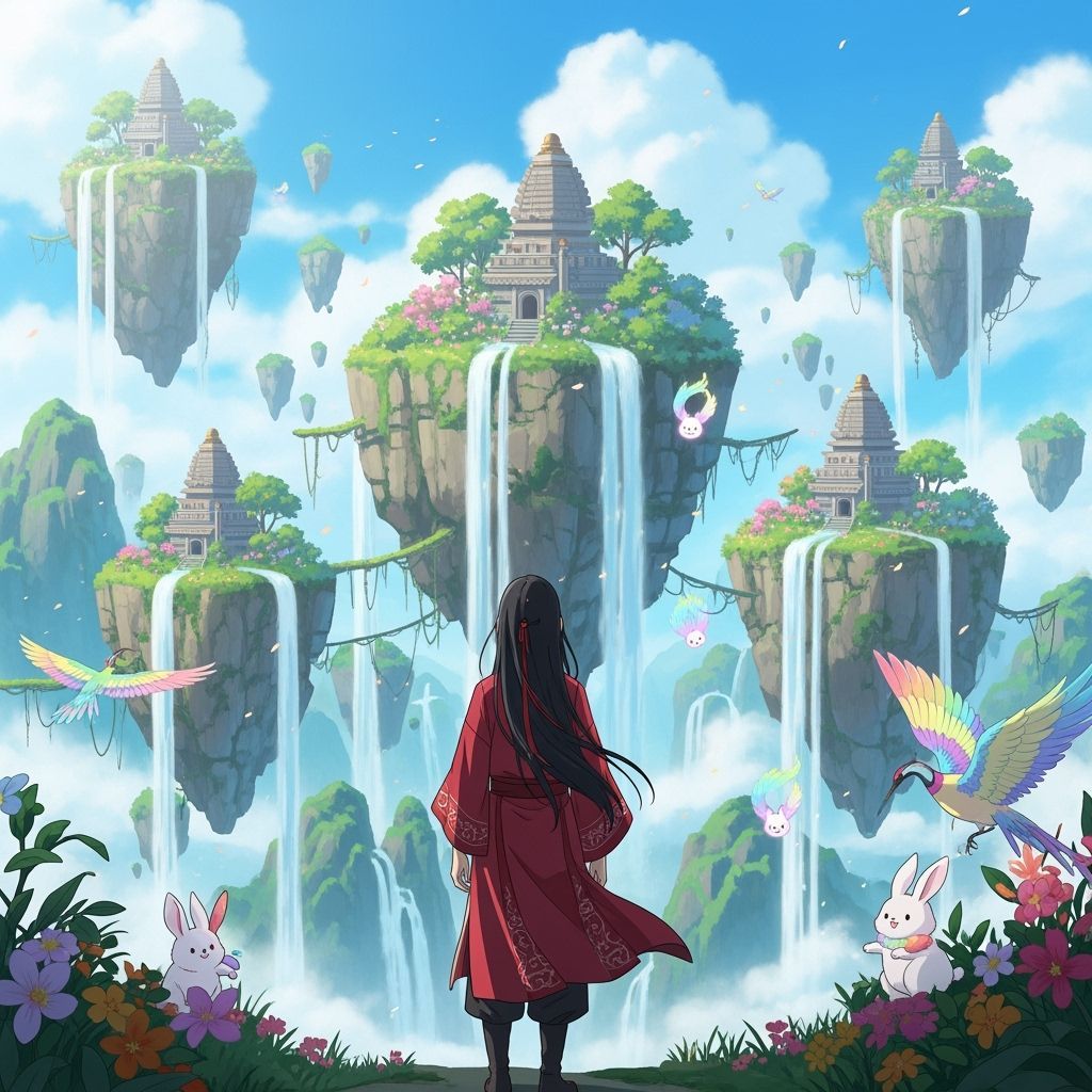 Anime Traveler Gazes at Floating Island Vista