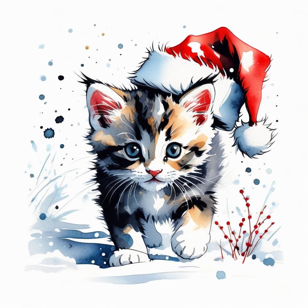 Kitten with Santa Hat in Watercolor Style