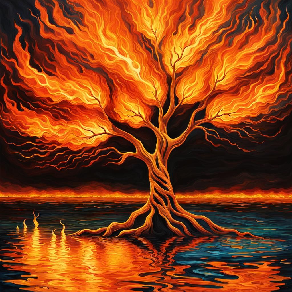 Fiery Tree in Lake of Flames: Surreal Expressionism