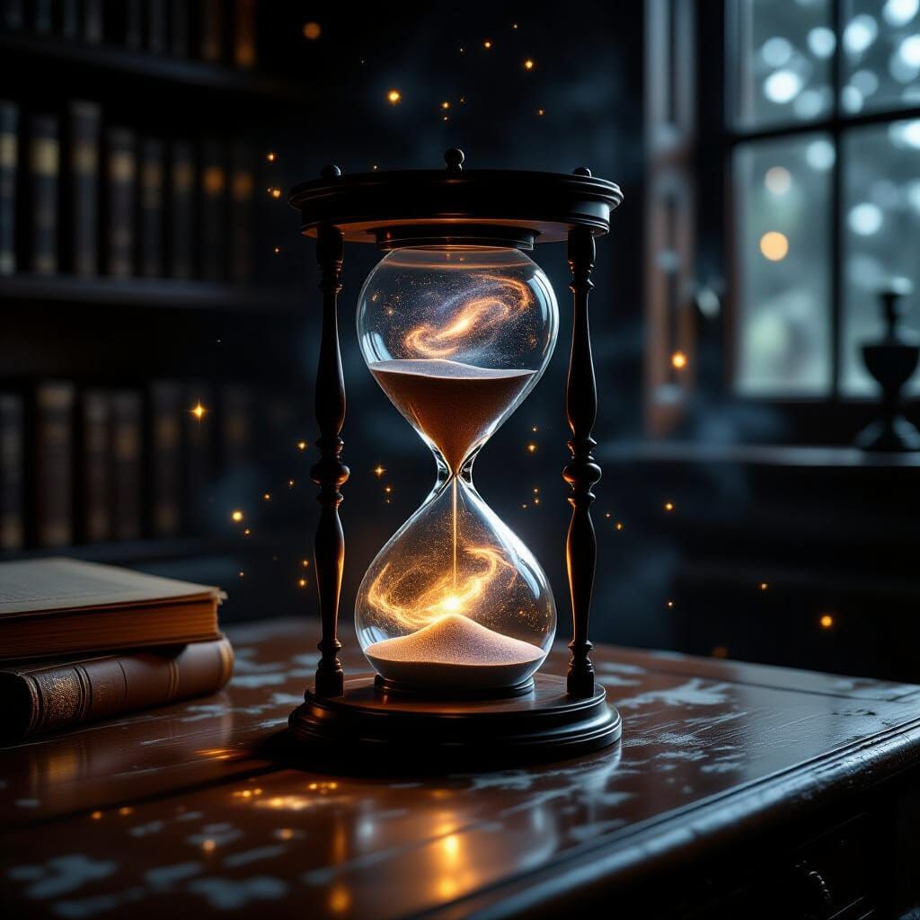 Cosmic Hourglass on Desk with Ethereal Light